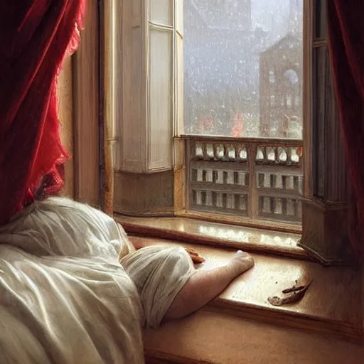 Prompt: on a rainy day, someone in home sits in bed, curled up under the covers, looking out the window, cinematic, artstation, extremely detailed, intricate, cinematic lighting, art by eugene de blaas