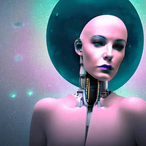 Image similar to celestial female robot, facial portrait, retro-futuristic, legendary epic shot, 90s make-up, galaxy space hunter, cyber implants, wires, low angle, dawn, by syd mead , airbrush, science fantasy, 90s ad, concept art, realistic matte painting, Smooth gradients, octane render, 8k, High contrast, duo tone, depth of field, volumetric lightning, very coherent, symmetrical, skin pore detail
