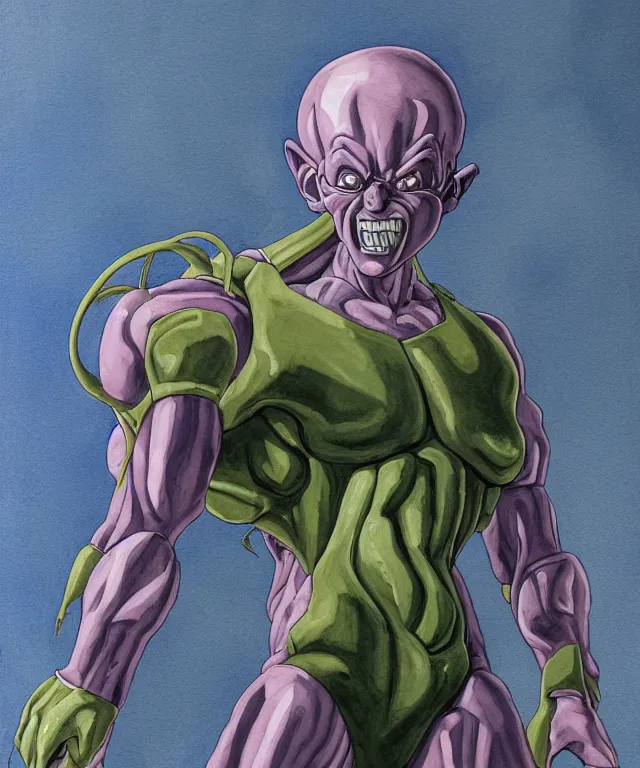 Image similar to a oil / watercolor painting full body character portrait of frieza as a machine mutant in the style of moebius in the style of leonard boyarsky trending on artstation deviantart pinterest detailed realistic hd 8 k high resolution