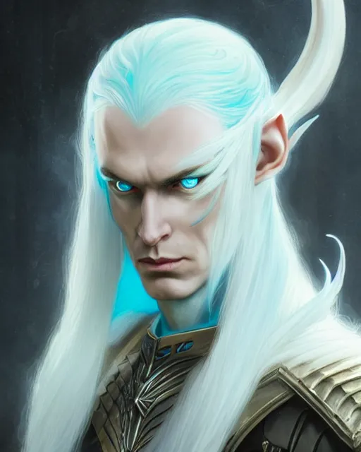 Image similar to character portrait of a slender young half elven man with white hair, piercing turquoise blue eyes, and pale blue skin, wearing sleek pearlescent black armor, by greg rutkowski and mark brookes and jim burns and tom bagshaw and magali villeneuve, trending on artstation