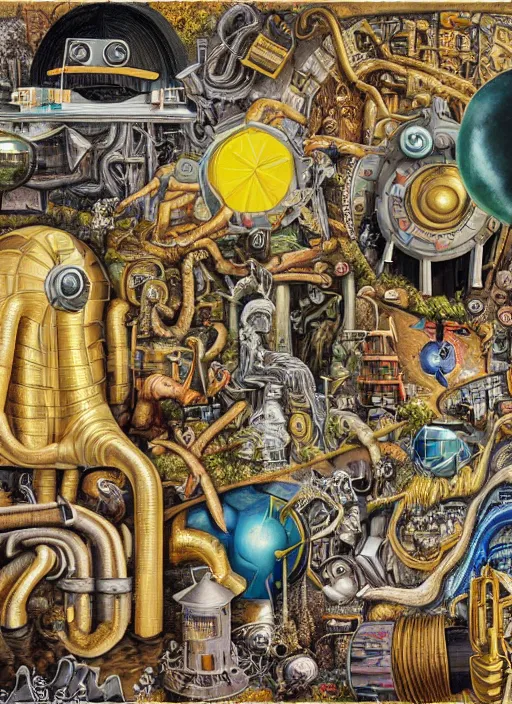 Prompt: epic mural of technological change through history by marcus akinlana, amanita, aztec, mycelium, melting, slime, basil wolverton, mc escher, dali, picasso, hr giger, wheres waldo, cybernetic river of transformation, vibrant but muted colors, gold flake, tin foiling, sparse collage