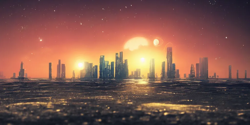 Image similar to a high detail photograph of a sunset at a beach, cyberpunk city in the distance, night time, two moons in the sky, realism, 8 k, award winning photograph