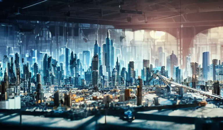 Image similar to large group people in a frame warehouse, looking at hologram of futuristic city on a table, cinematic concept art, godrays, golden hour, natural sunlight, 4 k, clear details, tabletop model buildings, foreground tabletop model, hologram center, crane shot, crane shot, crane shot