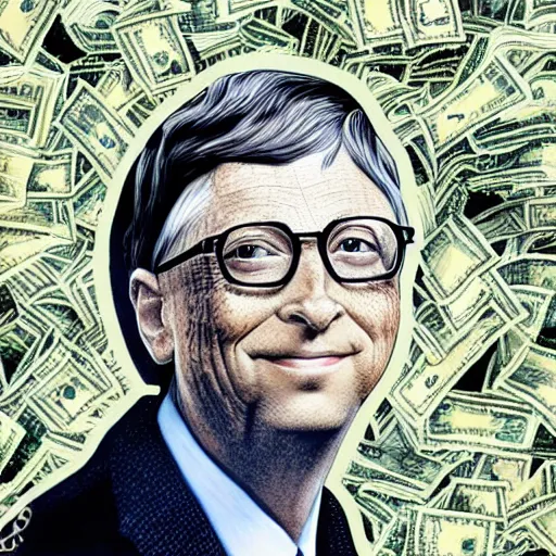 Image similar to Bill gates building gates made of dollar bills, rococo painting, smooth, sharp focus,, pixiv, ultra highly detailed