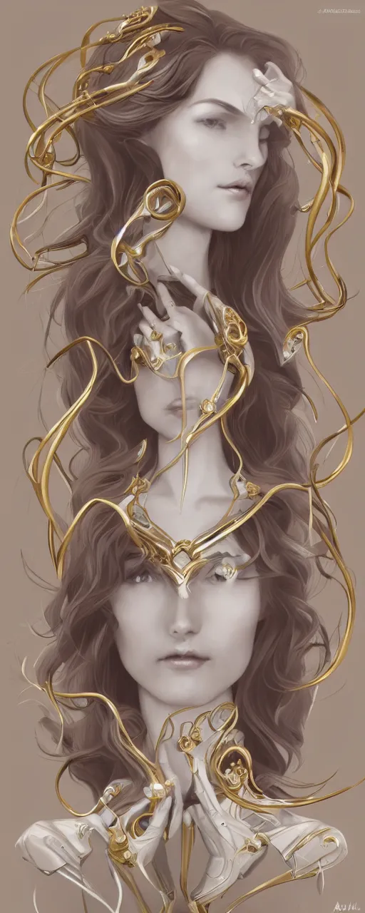 Image similar to beauty art nouveau woman, White marble and gold robotic, trending on artstation, by Artgerm