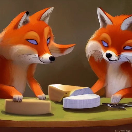 Prompt: foxes judging a cheese competition, furry, cute, disney concept art, pixar, artstation, detailed, award winning, dramatic lighting