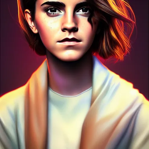 Prompt: a portrait Emma Watson, backlit, strong rim light, highly detailed, digital painting, HDRI, by Casey Weldon, vivid colors, high contrast, intricate