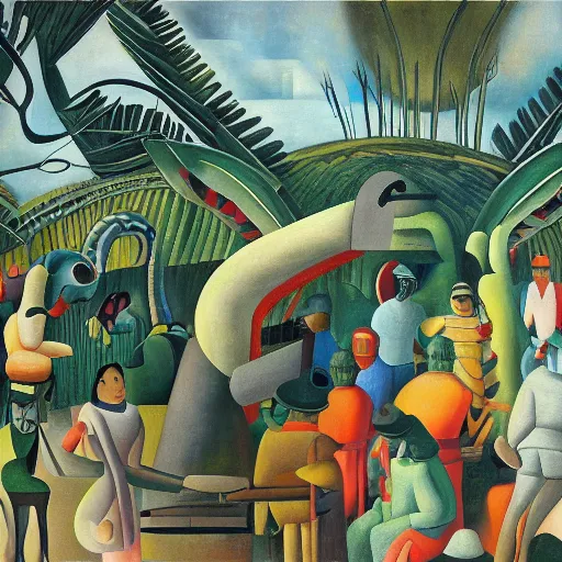 Image similar to high quality, high detail painting, dutch masterpiece, isamu noguchi, film noir, diego rivera, high garden scene with quetzalcoatl, hd, muted lighting