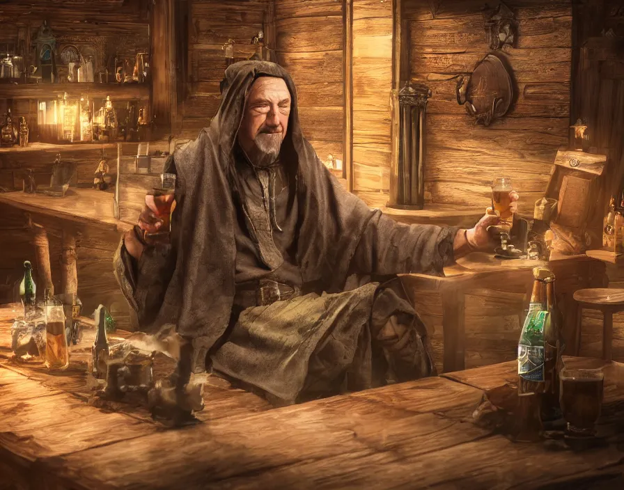 Image similar to old sage wizard drink beer from wooden cup in fantasy tavern, realistic fingers, realistic body, realistic clothing, beautiful texture, beautiful graphics, fantasy artwork, very beautiful scenery, hd, hdr, ue 5, ue 6, unreal engine 5, cinematic 4 k wallpaper, 8 k, ultra detailed