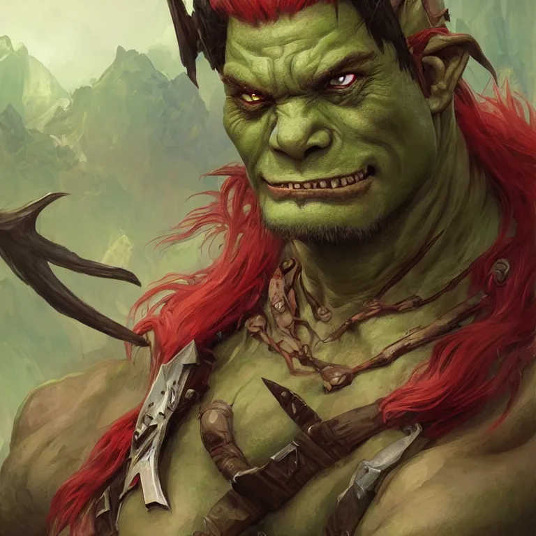 Prompt: portrait of a an orc barbarian with green skin and red eyes (with white pupils), D&D, fantasy, highly detailed, digital painting, artstation, smooth, sharp focus, illustration, art by artgerm and greg rutkowski and alphonse mucha