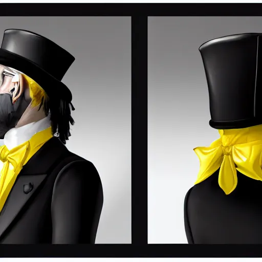Image similar to a highly detailed portrait of a man in a high top hat covering his face, in a black tailcoat with a yellow waistcoat under the tailcoat, artstation, deviantart, professional, unreal engine 5, photorealistic