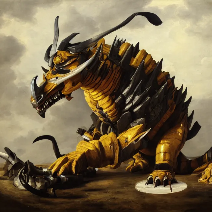 Image similar to still life painting of wargreymon by pieter claesz, oil on canvas, strong lighting, highly detailed, hyper realism, golden hour, god rays, hd, 4 k