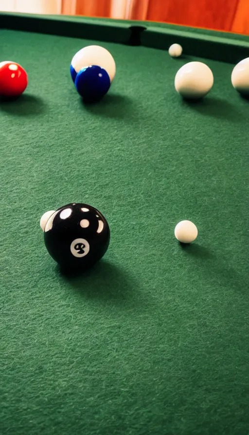 Image similar to close up ultra realistic billiard ball on green felt pool table with reflections ray tracing, ultra detail, low depth of field, 5 0 mm camera