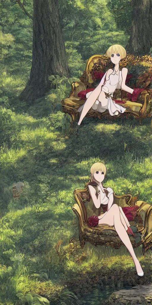 Prompt: landscape shot of a highly detailed queen sitting by herself on a sofa in a forest, drawn by CloverWorks, elegant, beauty,