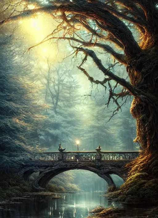 Image similar to old bridge, fantasy forest landscape, fantasy magic, light night, intricate, elegant, sharp focus, illustration, highly detailed, digital painting, concept art, matte, art by wlop and artgerm and ivan shishkin and andrey shishkin, masterpiece