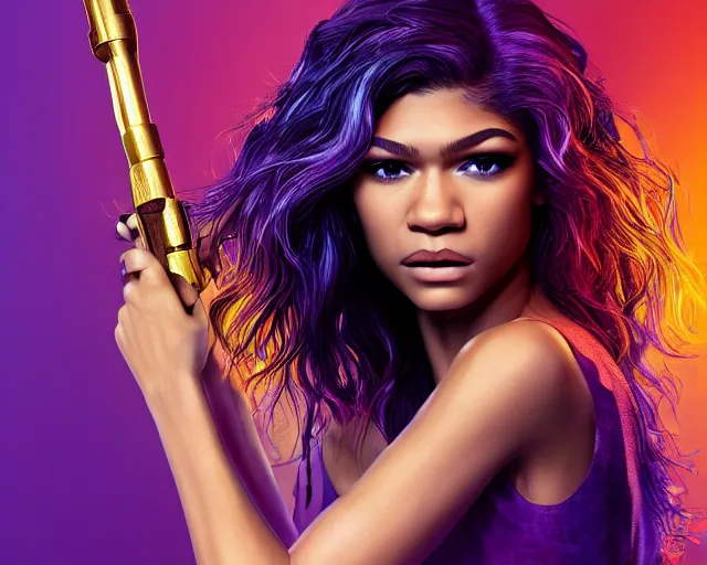 Image similar to Zendaya in heroic pose with weapon, cinematic, 4k, hyper realistic, super detailed, colorful accents, purple hair, golden ratio, symmetrical face, highly detailed professional photo, centered, rim lights, vray caustics, hyper realistic