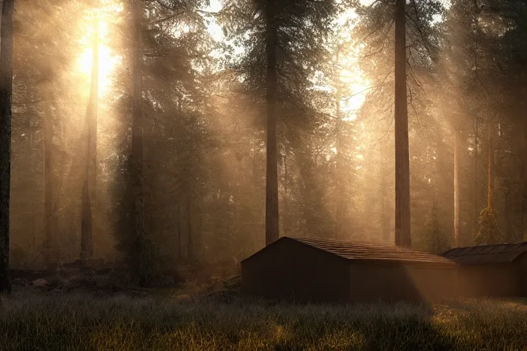 Image similar to glowing doors of a bunker in a forest, sunset, light fog, strong sunbeams are breaking through the tall trees, 4k, ultra details, cinematic, epic style, beautiful photo, hyper realistic, octane render, unreal engine, award winning, on artstation, volumetric lightning, masterpiece, golden hour,