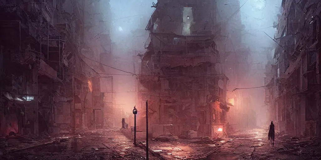 Image similar to A deserted street in a deserted decayed modern town at night, dystopia, intricate, highly detailed, digital painting, artstation, concept art, sharp focus, illustration, art by greg rutkowski and john howe
