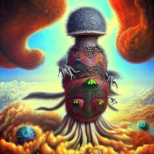 Image similar to ❤🔥🍄🌪, trending on art station, in the sky, highly detailed surrealist art, elaborate detail fluffy monsters