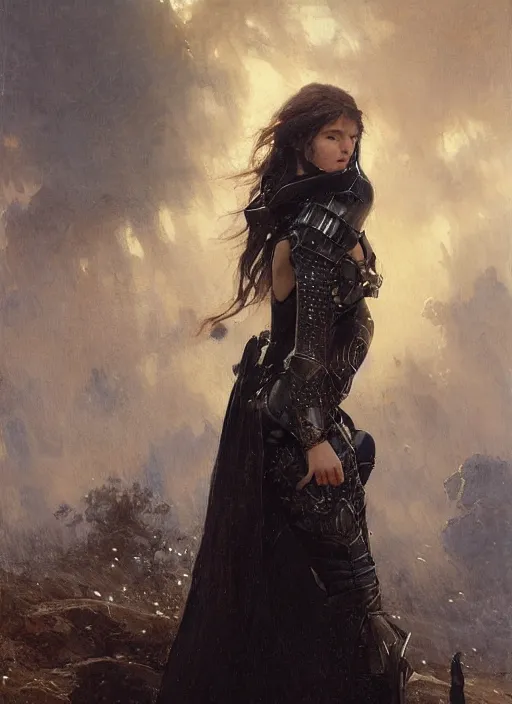 Image similar to beautiful young blue eyed woman wearing black medieval armour, by gaston bussiere, bayard wu, greg rutkowski, giger, maxim verehin, greg rutkowski, masterpiece, sharp focus, cinematic lightning