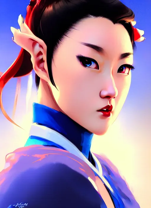 Image similar to a comic portrait of chun - li, fine - face, realistic shaded perfect face, fine details. blue - ish cosmic setting. very anime style. realistic shaded lighting poster by ilya kuvshinov katsuhiro, raden saleh, basuki abdullah, jeremy lipkin and michael garmash, rob rey and kentaro miura style, trending on art station