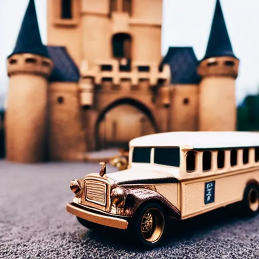 Image similar to 3 5 mm photo of metallic bronze and wood medieval bus like hot wheels model with a castle as background, epic cinematic, epic lighting