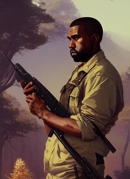 Image similar to highly detailed portrait kanye holding rifle in gta v stephen bliss unreal engine fantasy art by greg rutkowski loish rhads ferdinand knab makoto shinkai lois van baarle ilya kuvshinov rossdraws tom bagshaw global illumination radiant light detailed intricate environment