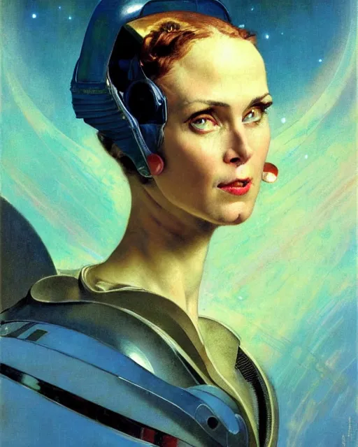 Image similar to head portrait of elegant space woman with wideset blue eyes by norman rockwell, roberto ferri, daniel gerhartz, edd cartier, jack kirby, howard v brown, ruan jia, tom lovell, frank r paul, dean cornwell, astounding stories, amazing, fantasy, other worlds