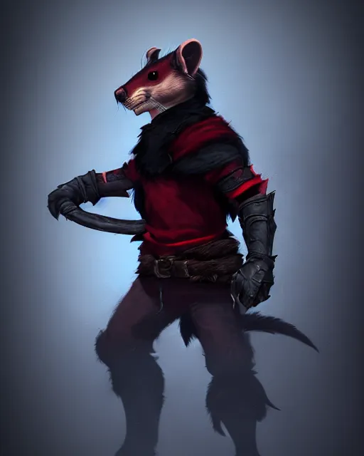 Prompt: inigo the fully - voiced red / black weasel thief companion, skyrim mod, photorealistic, dungeons & dragons concept fanart by liam wong