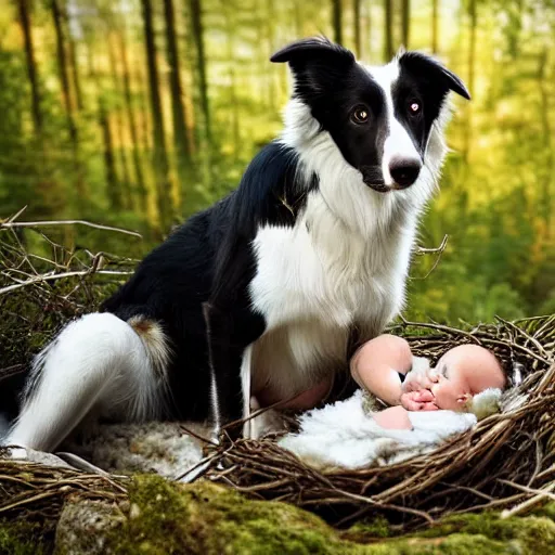 Image similar to a border collie protecting a baby eagle and human infant who are both in a nest in a forest, beautiful, golden hour, impressionist