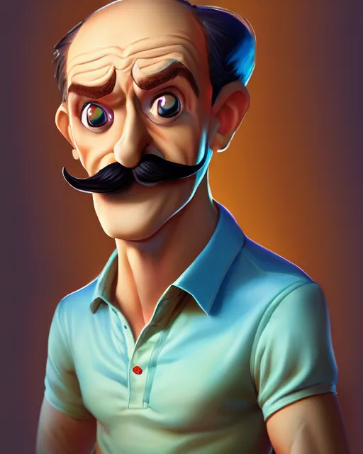 Prompt: short adult man portrait, twisty moustache, wearing a polo shirt, by don bluth, sci - fi environment, highly detailed, dynamic shadows, 4 k, splash art, artstation