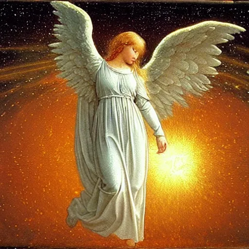 Image similar to renaissance hyper realistic painting of white angel!!! beautiful face, no gender!!!, ball of miracle light from the chest!!!!!, miracle light coming overhead!!, miracles everywhere, lot of fire and stars overhead!!!, by caspar david friedrich, misty space, holography effect, glow effect, large strokes, high detailed, white background