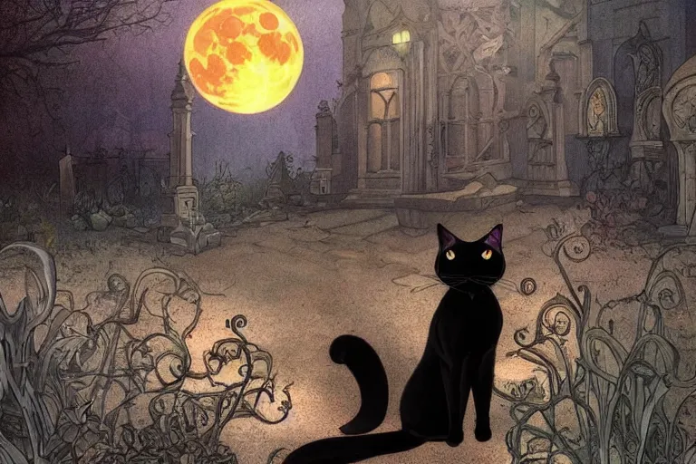 Image similar to an ultra detailed animation of a black cat in a graveyard at midnight on halloween tattoo, digital art, dark fantasy, concept art, soulslike, by alphonse mucha, blood moon eclipse, ruined building in the background, artstation, 8 k, unreal engine render