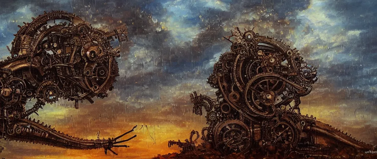 Prompt: beautiful oil painting of a mechanical lizard in a steampunk world, gears, misty, moody, rusty, sunset, rain