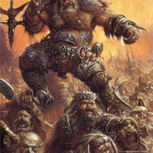 Image similar to art by donato giancola and bayard wu and gustav moreau and wayne barlowe, a fantasy cinematic close up shot of a dwarf berserker, fighting a horde of rats, warhammer, dnd, fighting monsters,