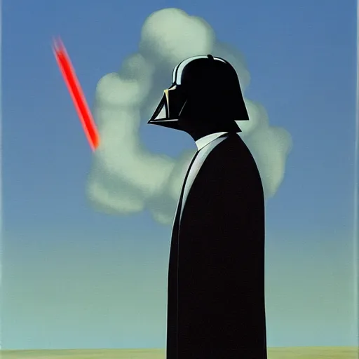 Image similar to portrait of darth vader aiming at sky, painting by rene magritte, high detail, high resolution