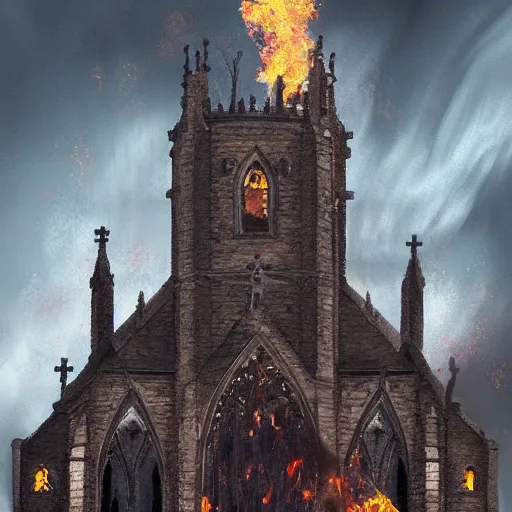 Prompt: a church burning down, trending on artstation, beautiful, highly detailed