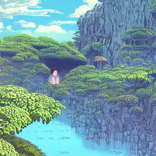 Prompt: illustration of a lush natural scene on an alien planet by hayao miyazaki. beautiful landscape. weird vegetation. cliffs and water.