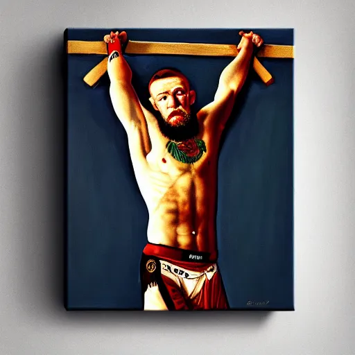 Image similar to religious portrait, conor mcgregor on the cross, crucifixion, oil on canvas, digital art