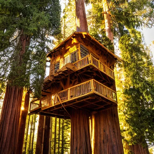 Prompt: gigantic tree house built on an ancient sequoia tree, golden hour