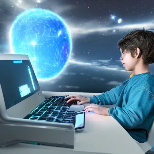 Image similar to a boy coding in a celestial computer to save the universe, celestial, cgi, 8k, futuristic, ultra future, highly detailed, satisfying