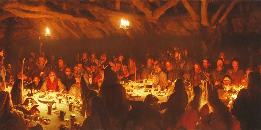 Prompt: cinematic shot of the inside of a Viking feasting hall, candlelight, boisterous atmosphere, by Gregory manchess