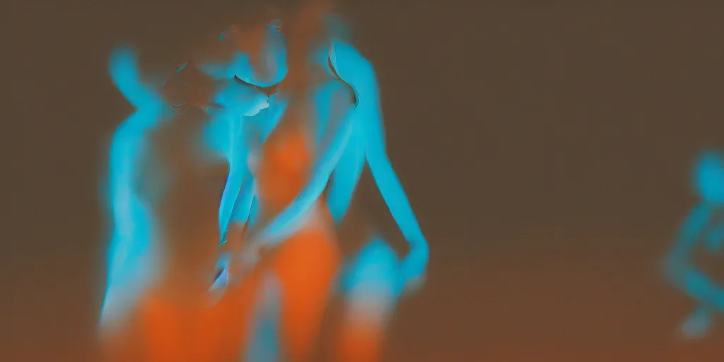 Image similar to a blurry picture of gorgeous human bodies intertwined, long exposure photograph, anamorphic bokeh, orange and cyan lighting, cinematic