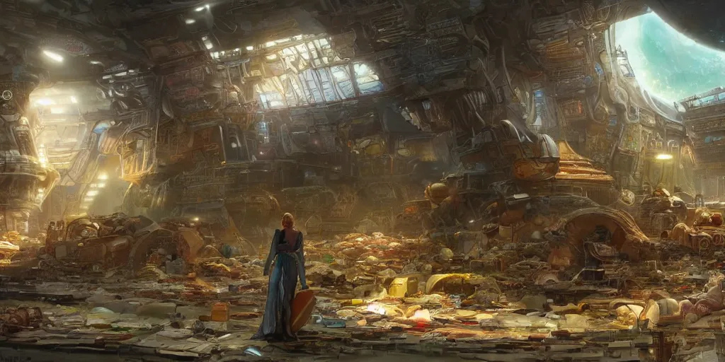 Prompt: beautiful trash girl collecting valuable parts at the junkyard of an old starship against the backdrop of a huge colossal star buddhism temple, concept art by john howe and hamish frater, artstation, glowing light, cinematic illustration 8 k