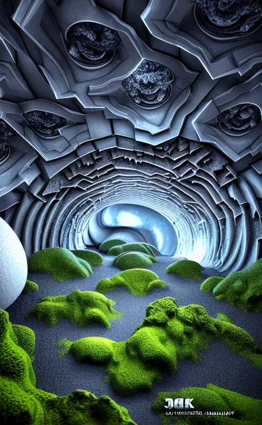 Image similar to highly detailed ultra sharp 3 d render cinematic composition of a smooth ceramic porcelain biomorphic magnolia stone nebula fluid fractal sci - fi surreal architecture landscape, granite, metallic, magnesium, marble, moss and lichen, vincent callebaut composition, mamou - mani, archviz, beautiful lighting, 8 k, unreal engine, hdr,