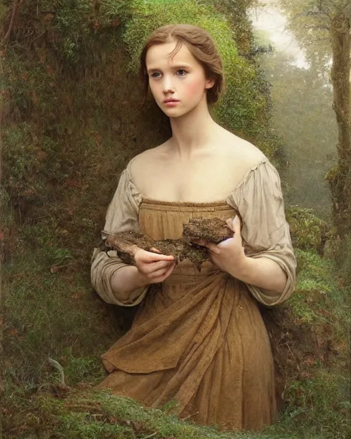 Image similar to a well - lit, realistic portrait painting of a thoughtful girl resembling a young, shy, redheaded irish alicia vikander or millie bobby brown wearing peasant dress in moss - covered ancient stone ruins at sunset, highly detailed, intricate, concept art, artstation, by donato giancola, ron cobb, and william adolphe bouguereau
