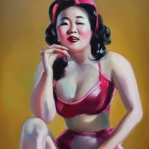 Prompt: sonora sno wong as a glamorous pinup model, oil painting