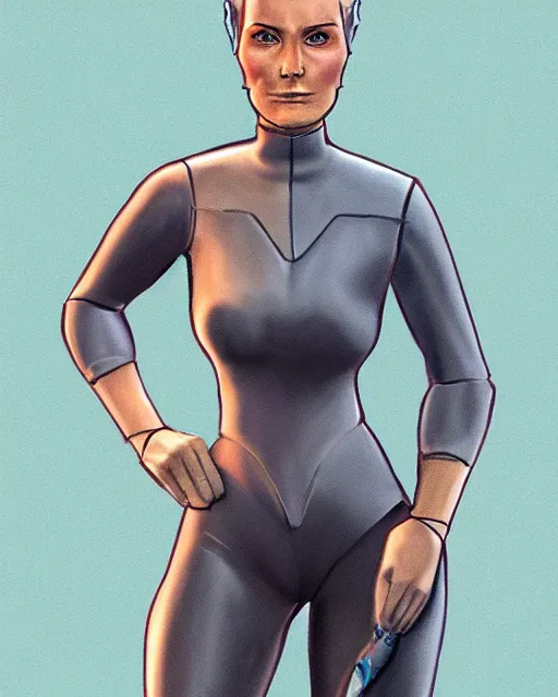 Image similar to a futuristic woman in the style of Ralph McQuarrie