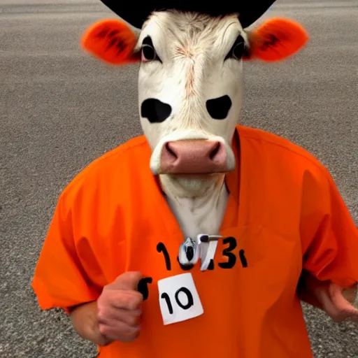 Image similar to mugshot of a cow dressed as an inmate