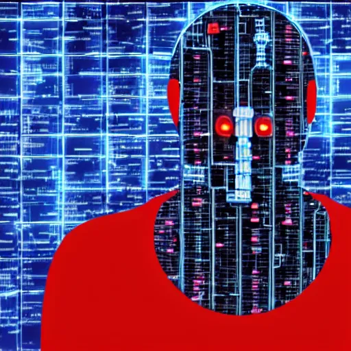 Image similar to Skynet plotting the plan for controlling humankind, becoming sentient, dystopian colored red and blue